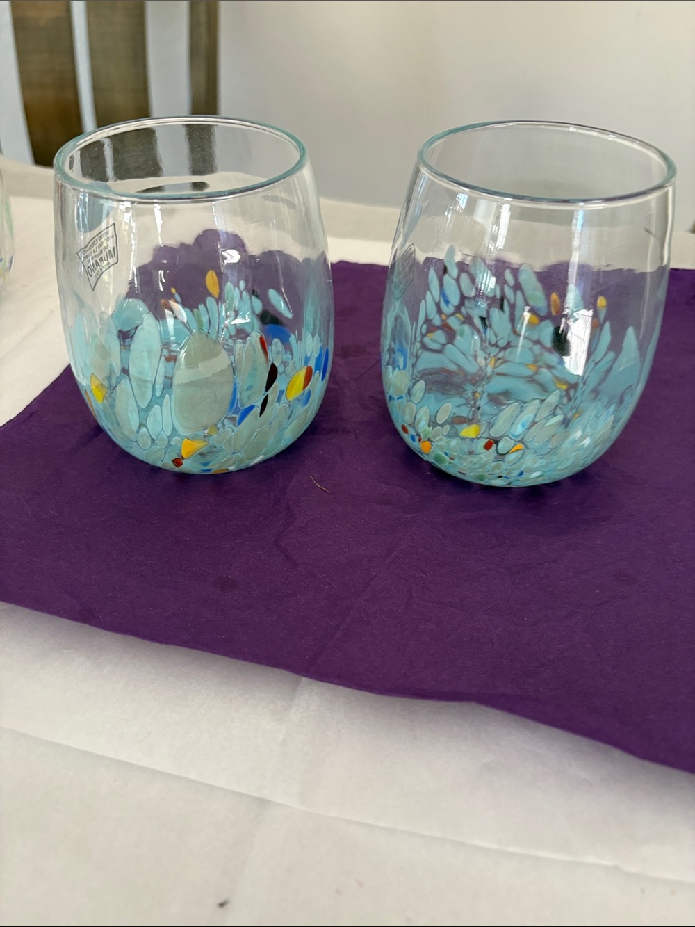 Murano White Crystal Blue Light Confetti Stemless Wine Tumblers Hand Made Italy - Picture 4 of 6